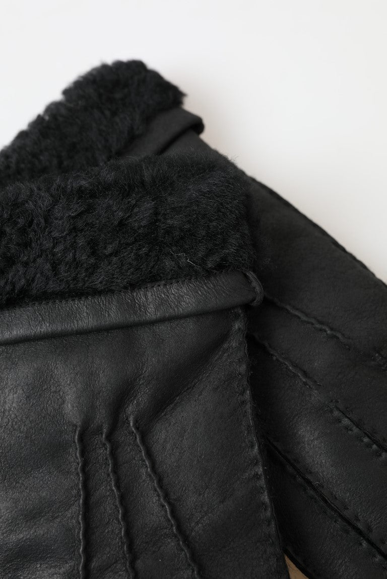 Black Leather Fur Short Hands Mitten Men Gloves-Dolce & Gabbana-LabelTerrace.com