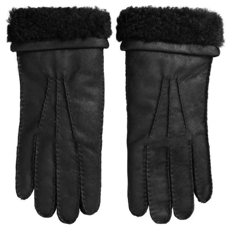 Black Leather Fur Short Hands Mitten Men Gloves-Dolce & Gabbana-LabelTerrace.com
