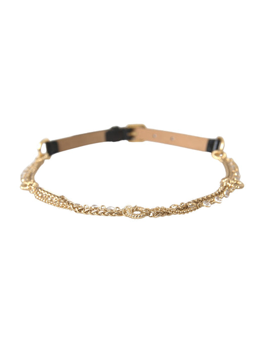 Black Leather Gold Chain Crystal Waist Women Belt-Dolce & Gabbana-LabelTerrace.com