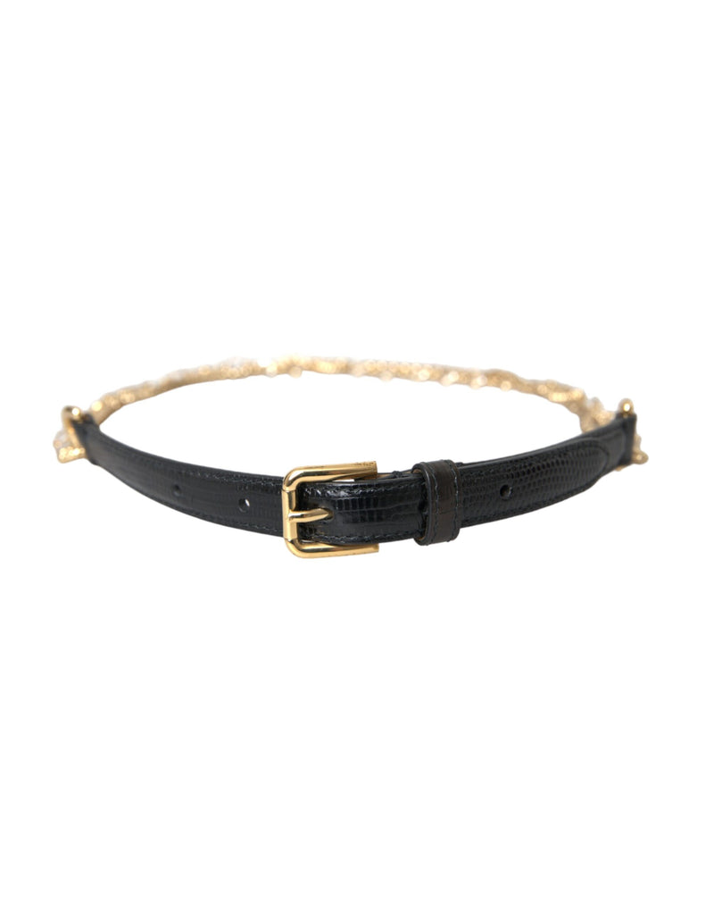 Black Leather Gold Chain Crystal Waist Women Belt-Dolce & Gabbana-LabelTerrace.com