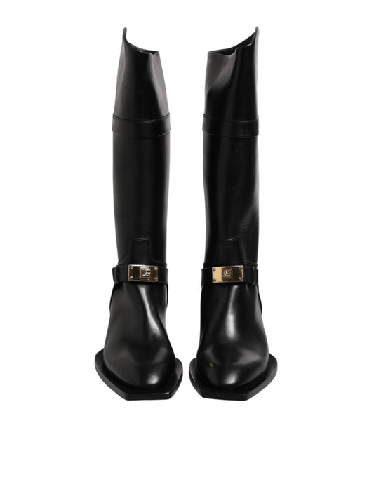 Black Leather High Boots Flats Shoes-Dolce & Gabbana-LabelTerrace.com