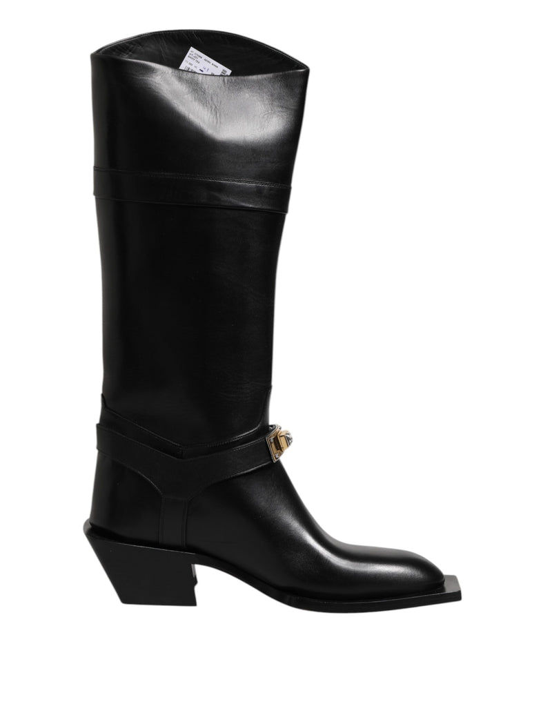 Black Leather High Boots Flats Shoes-Dolce & Gabbana-LabelTerrace.com