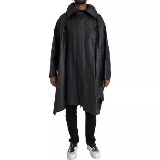 Black Leather Hooded Men Trenchcoat Jacket-Bottega Veneta-LabelTerrace.com