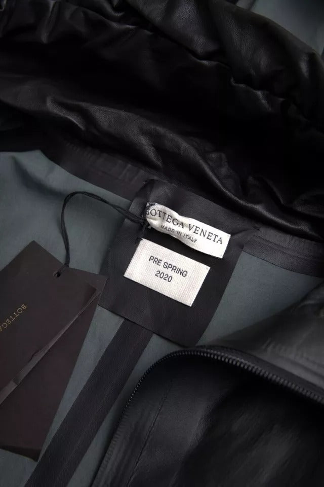 Black Leather Hooded Men Trenchcoat Jacket-Bottega Veneta-LabelTerrace.com
