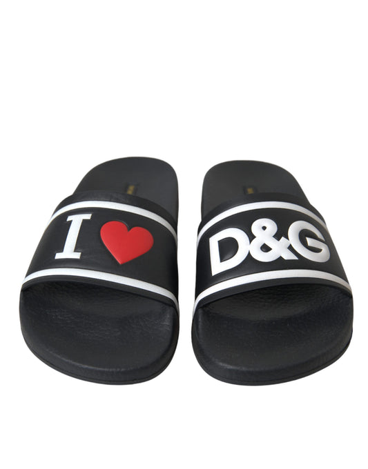 Black Leather I Love D&G Sandals Slides Shoes-Dolce & Gabbana-LabelTerrace.com