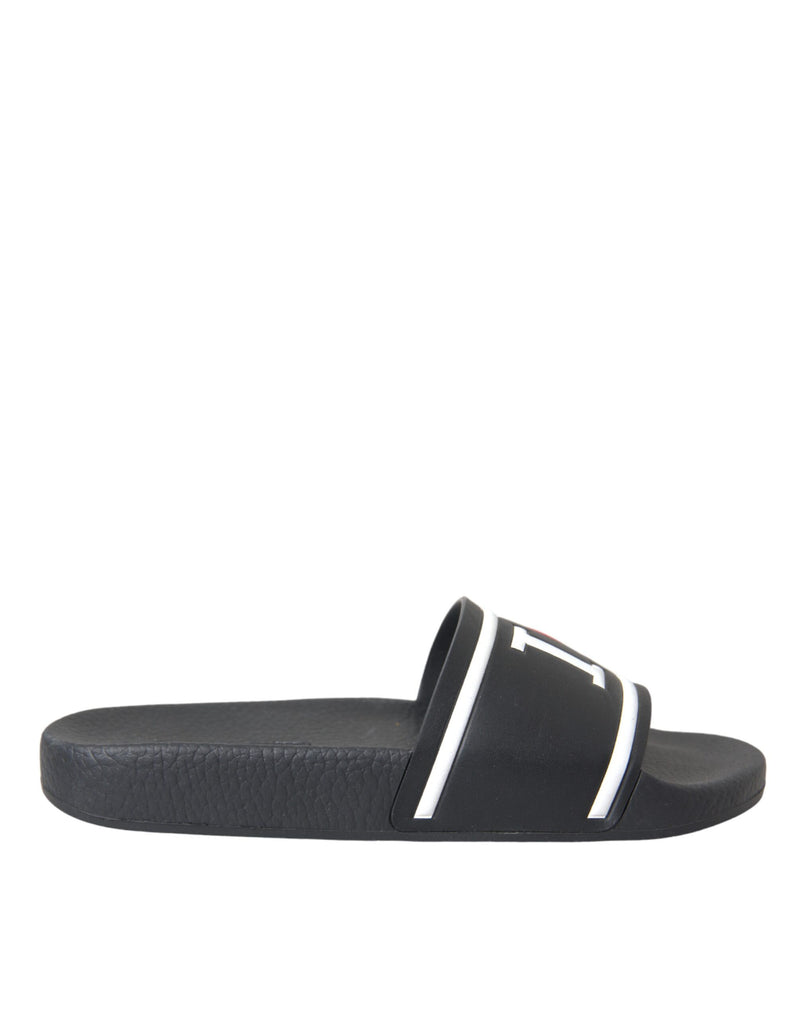 Black Leather I Love D&G Sandals Slides Shoes-Dolce & Gabbana-LabelTerrace.com