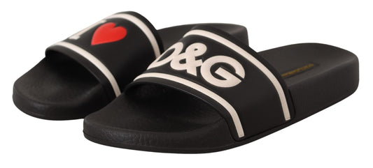 Black Leather I Love D&G Slides Sandals-Dolce & Gabbana-LabelTerrace.com