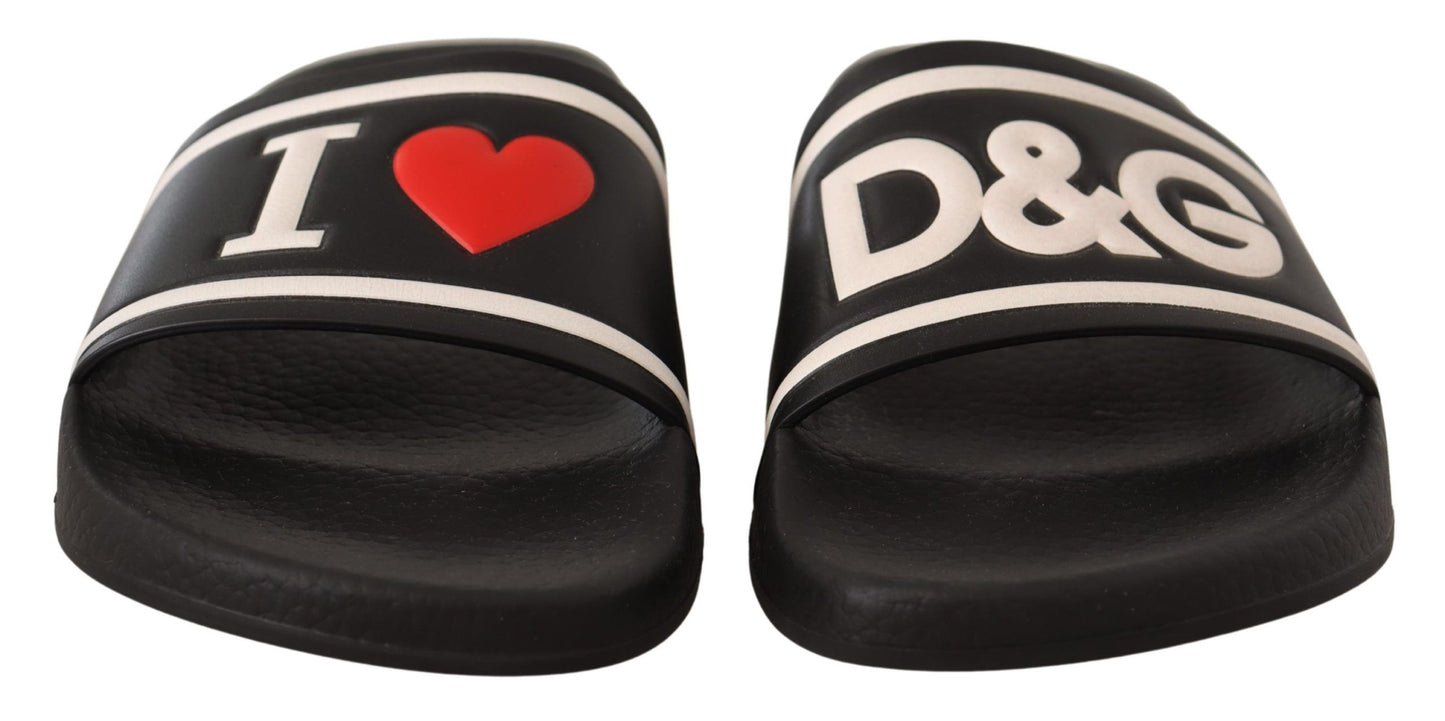 Black Leather I Love D&G Slides Sandals-Dolce & Gabbana-LabelTerrace.com