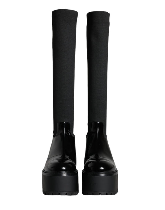 Black Leather Jersey Knee High Boots Shoes-Dolce & Gabbana-LabelTerrace.com