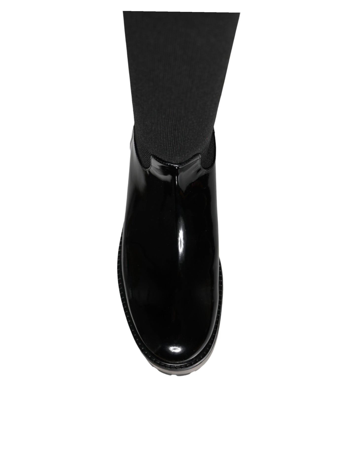 Black Leather Jersey Knee High Boots Shoes-Dolce & Gabbana-LabelTerrace.com