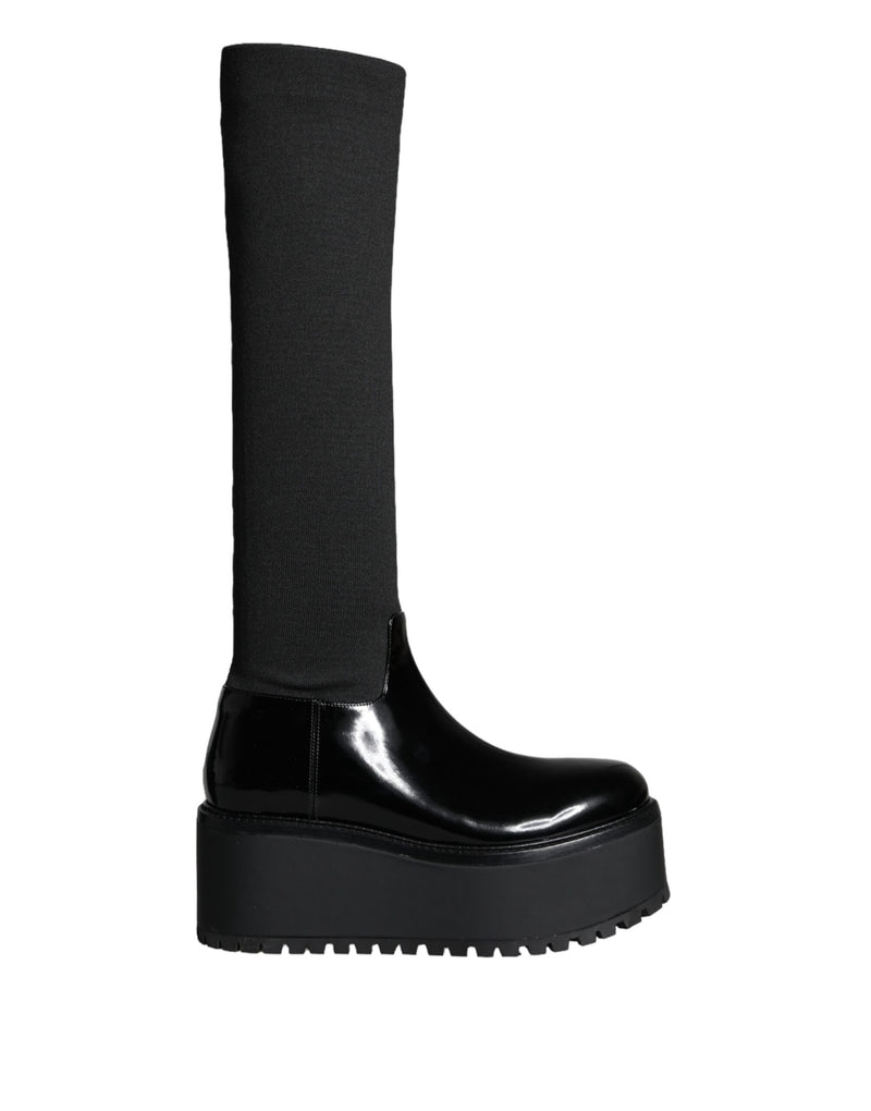 Black Leather Jersey Knee High Boots Shoes-Dolce & Gabbana-LabelTerrace.com