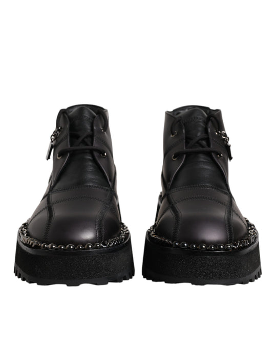 Black Leather Lace Up Ankle Boots Shoes-Dolce & Gabbana-LabelTerrace.com