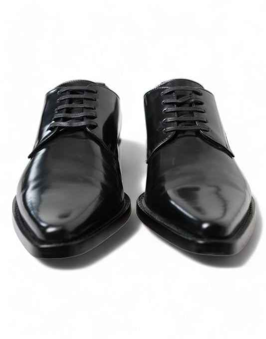 Black Leather Lace Up Formal Flats Shoes-Dolce & Gabbana-LabelTerrace.com