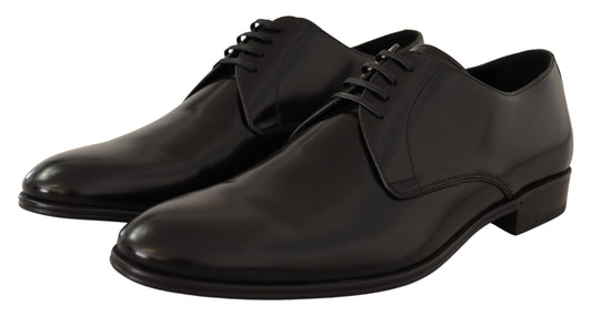 Black Leather Lace Up Men Dress Derby Shoes-Dolce & Gabbana-LabelTerrace.com