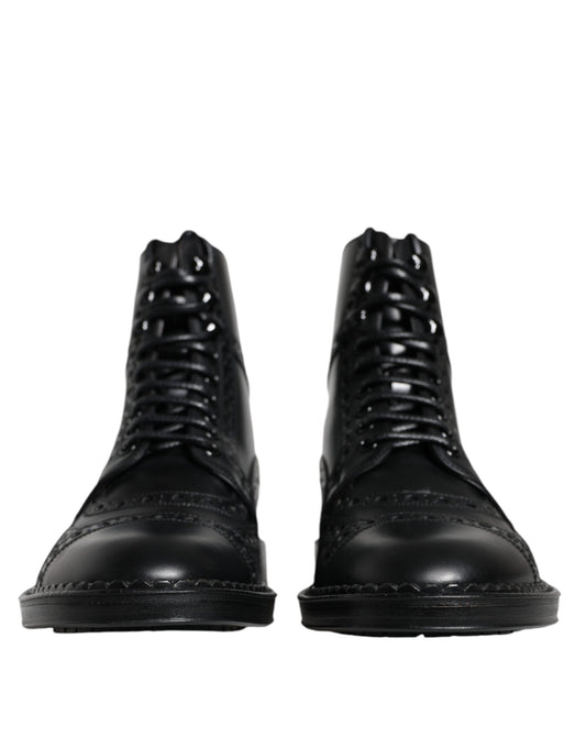 Black Leather Lace Up Mid Calf Boots Shoes-Dolce & Gabbana-LabelTerrace.com