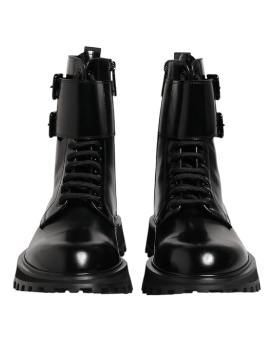 Black Leather Lace Up Mid Calf Boots Shoes-Dolce & Gabbana-LabelTerrace.com