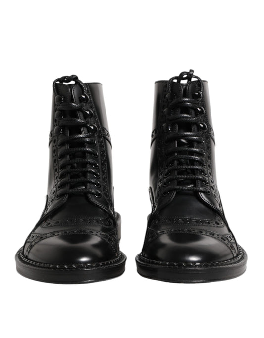 Black Leather Lace Up Mid Calf Boots Shoes-Dolce & Gabbana-LabelTerrace.com