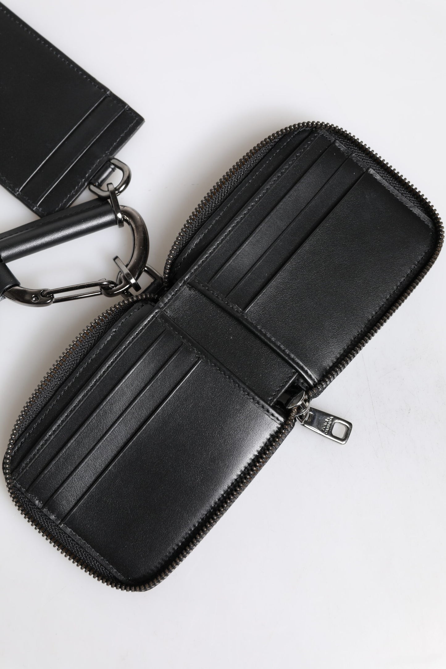 Black Leather Lanyard Zip Around Card Holder Wallet-Dolce & Gabbana-LabelTerrace.com