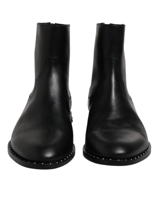 Black Leather Logo Ankle Boots Studded Shoes-Dolce & Gabbana-LabelTerrace.com