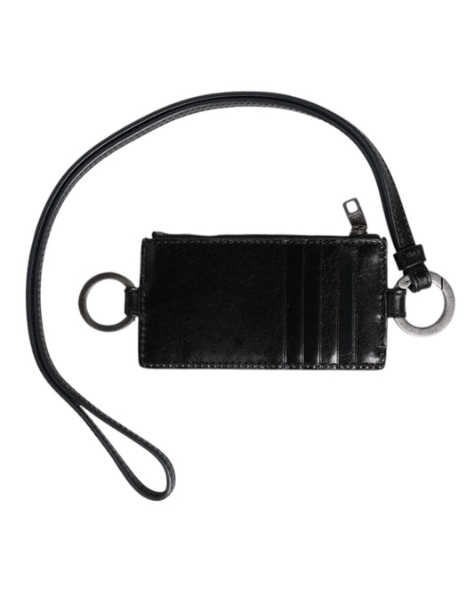 Black Leather Logo Embossed Lanyard Card Holder Wallet-Dolce & Gabbana-LabelTerrace.com