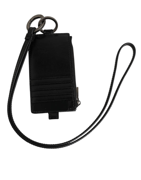 Black Leather Logo Embossed Lanyard Card Holder Wallet-Dolce & Gabbana-LabelTerrace.com