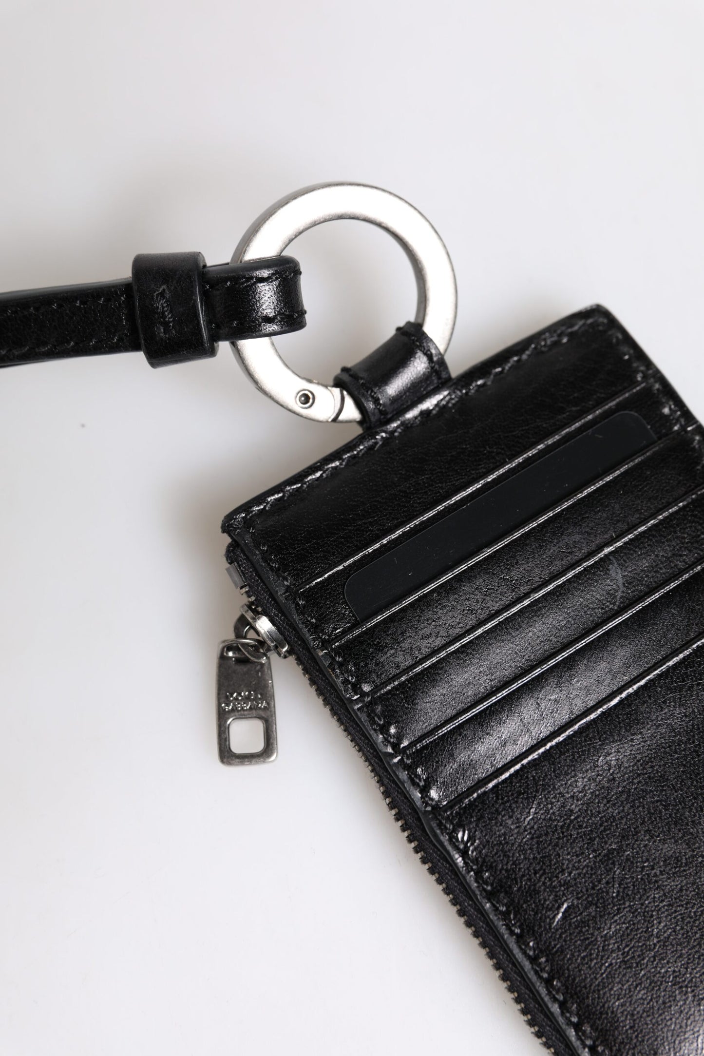 Black Leather Logo Embossed Lanyard Card Holder Wallet-Dolce & Gabbana-LabelTerrace.com
