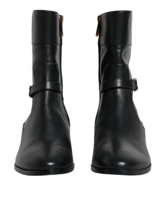 Black Leather Logo Mid Calf Boots Shoes-Dolce & Gabbana-LabelTerrace.com