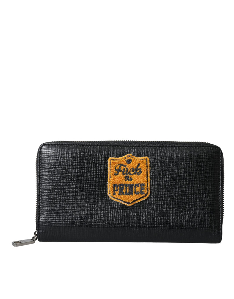 Black Leather Logo Patch Zip Around Continental Wallet-Dolce & Gabbana-LabelTerrace.com