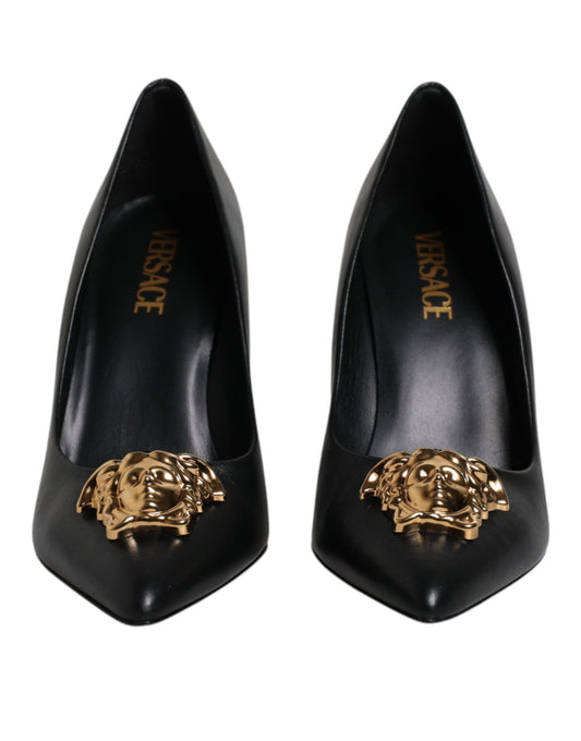 Black Leather Logo Plaque High Heels Pumps Shoes-Versace-LabelTerrace.com