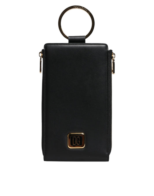 Black Leather Logo Plaque Neck Strap Card Coin Wallet-Dolce & Gabbana-LabelTerrace.com