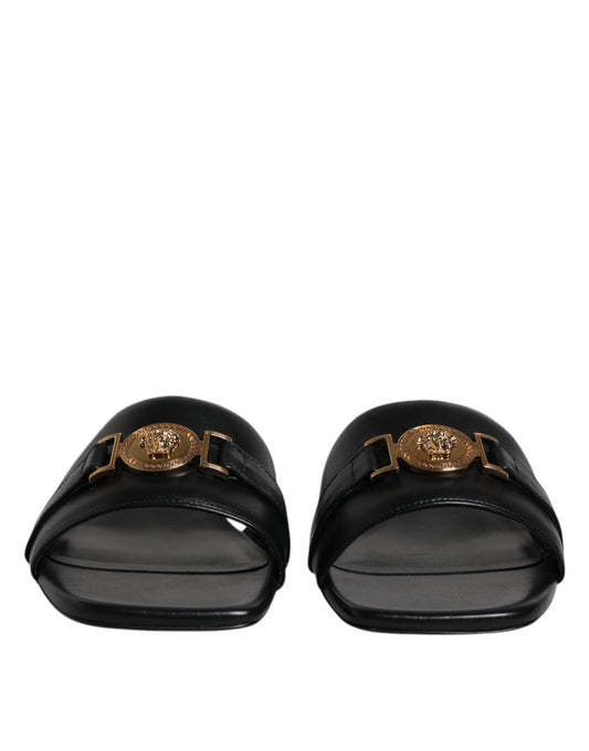 Black Leather Logo Plaque Slip On Slides Flats Shoes-Versace-LabelTerrace.com