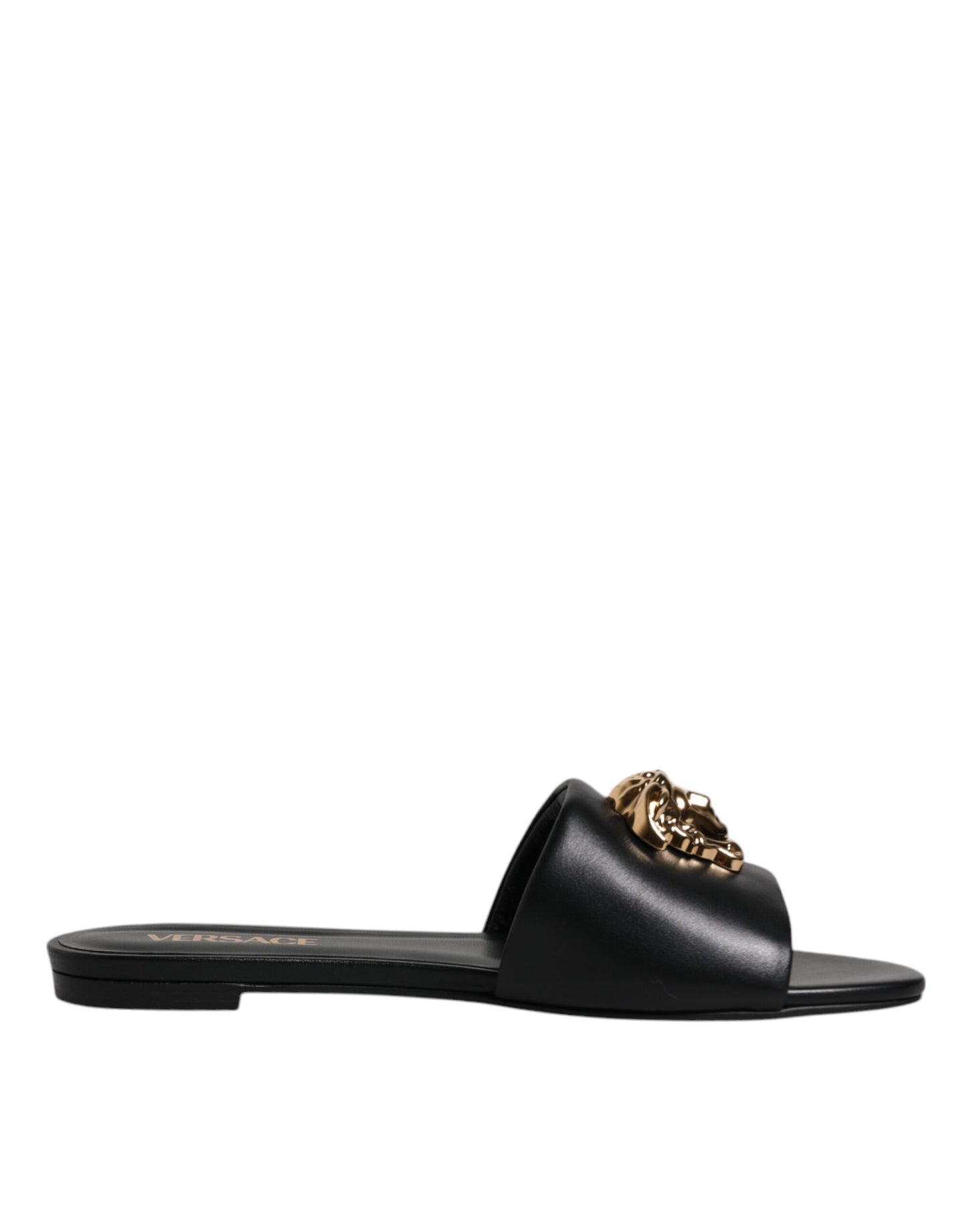 Black Leather Logo Plaque Slip On Slides Flats Shoes-Versace-LabelTerrace.com