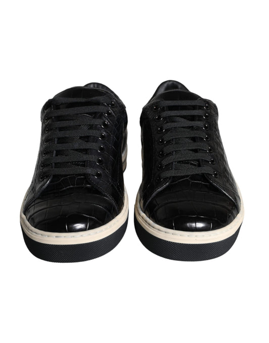 Black Leather Men Low Top Sneakers Shoes-Dolce & Gabbana-LabelTerrace.com