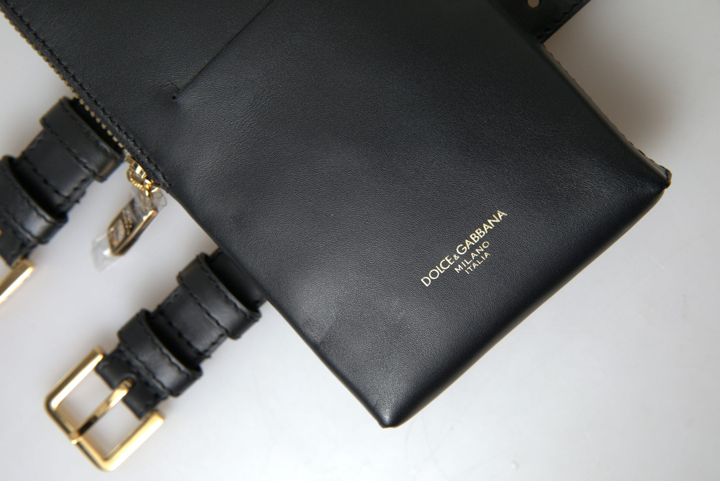 Black Leather Men Purse Double Belt Strap Bracelet Bag-Dolce & Gabbana-LabelTerrace.com