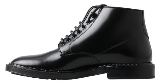 Black Leather Men Short Boots Lace Up Shoes-Dolce & Gabbana-LabelTerrace.com