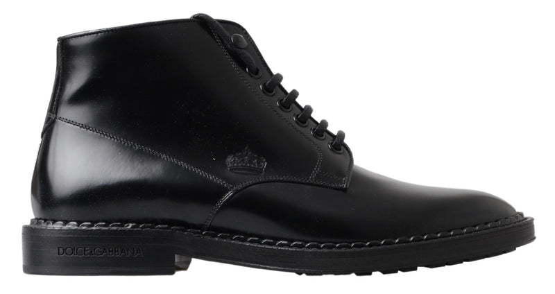 Black Leather Men Short Boots Lace Up Shoes-Dolce & Gabbana-LabelTerrace.com