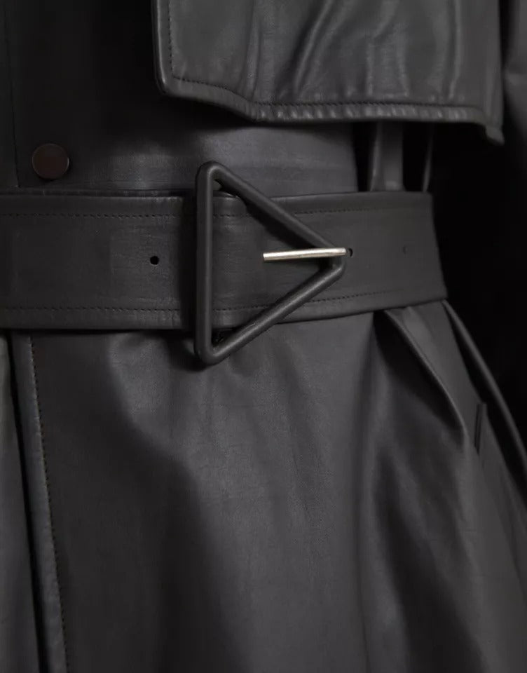 Black Leather Men Waterproof Trenchcoat Jacket-Bottega Veneta-LabelTerrace.com