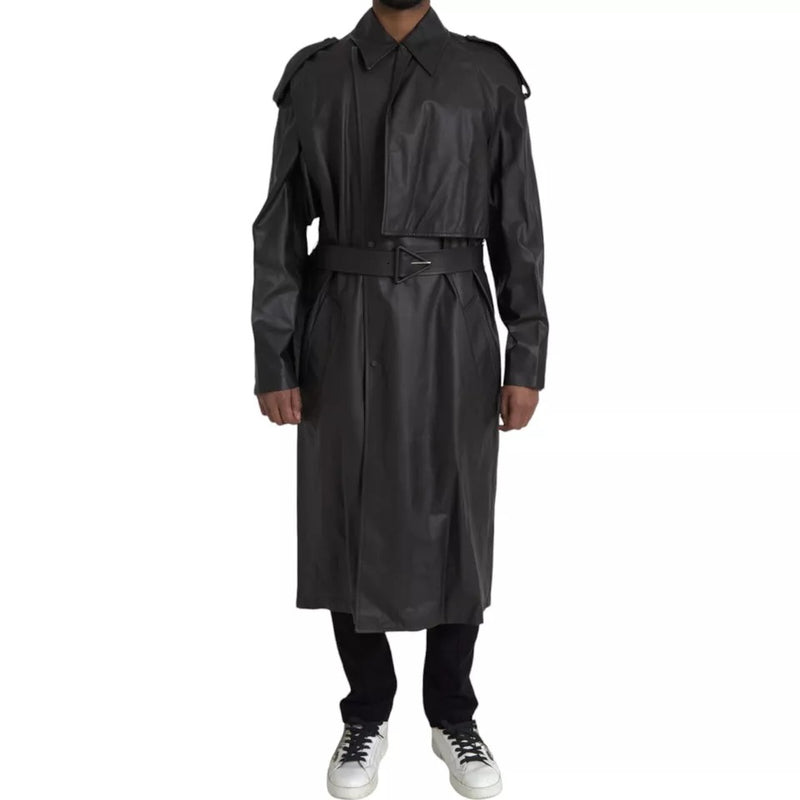 Black Leather Men Waterproof Trenchcoat Jacket-Bottega Veneta-LabelTerrace.com