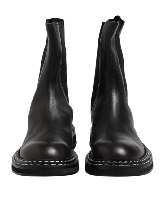 Black Leather Mid Calf Boots Flats Shoes-Dolce & Gabbana-LabelTerrace.com