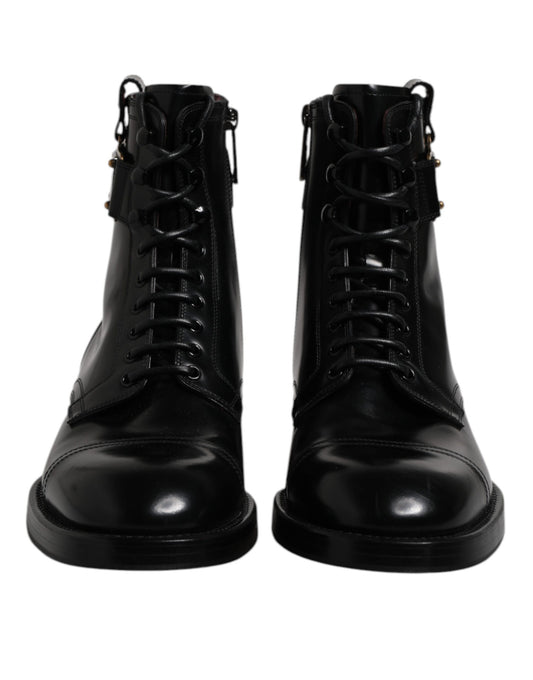 Black Leather Mid Calf Boots Lace Up Shoes-Dolce & Gabbana-LabelTerrace.com