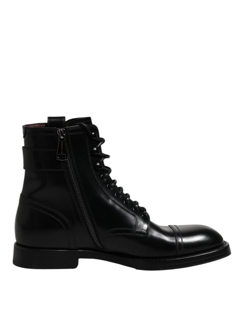 Black Leather Mid Calf Boots Lace Up Shoes-Dolce & Gabbana-LabelTerrace.com