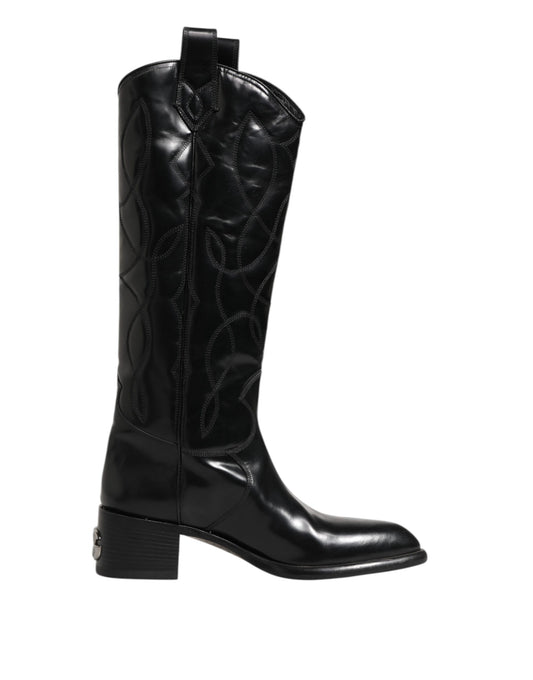 Black Leather Over The Calf Biker Boots Shoes