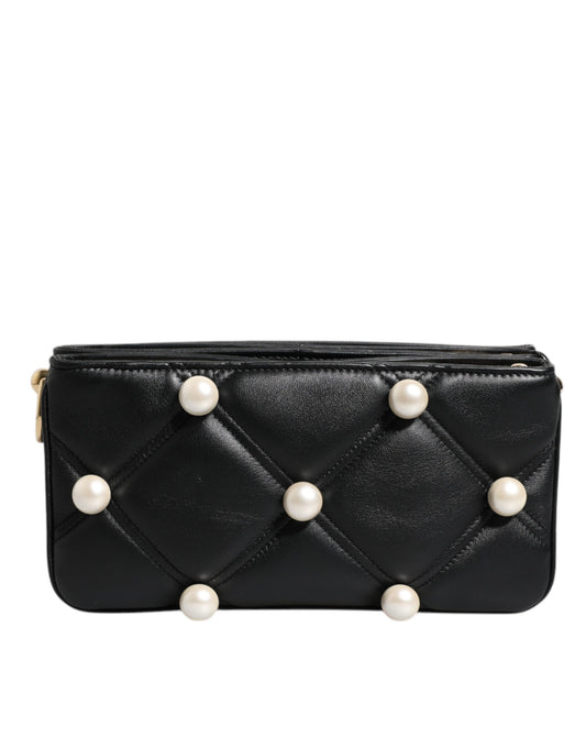 Black Leather Pearl Embellished Logo Shoulder Bag-Dolce & Gabbana-LabelTerrace.com