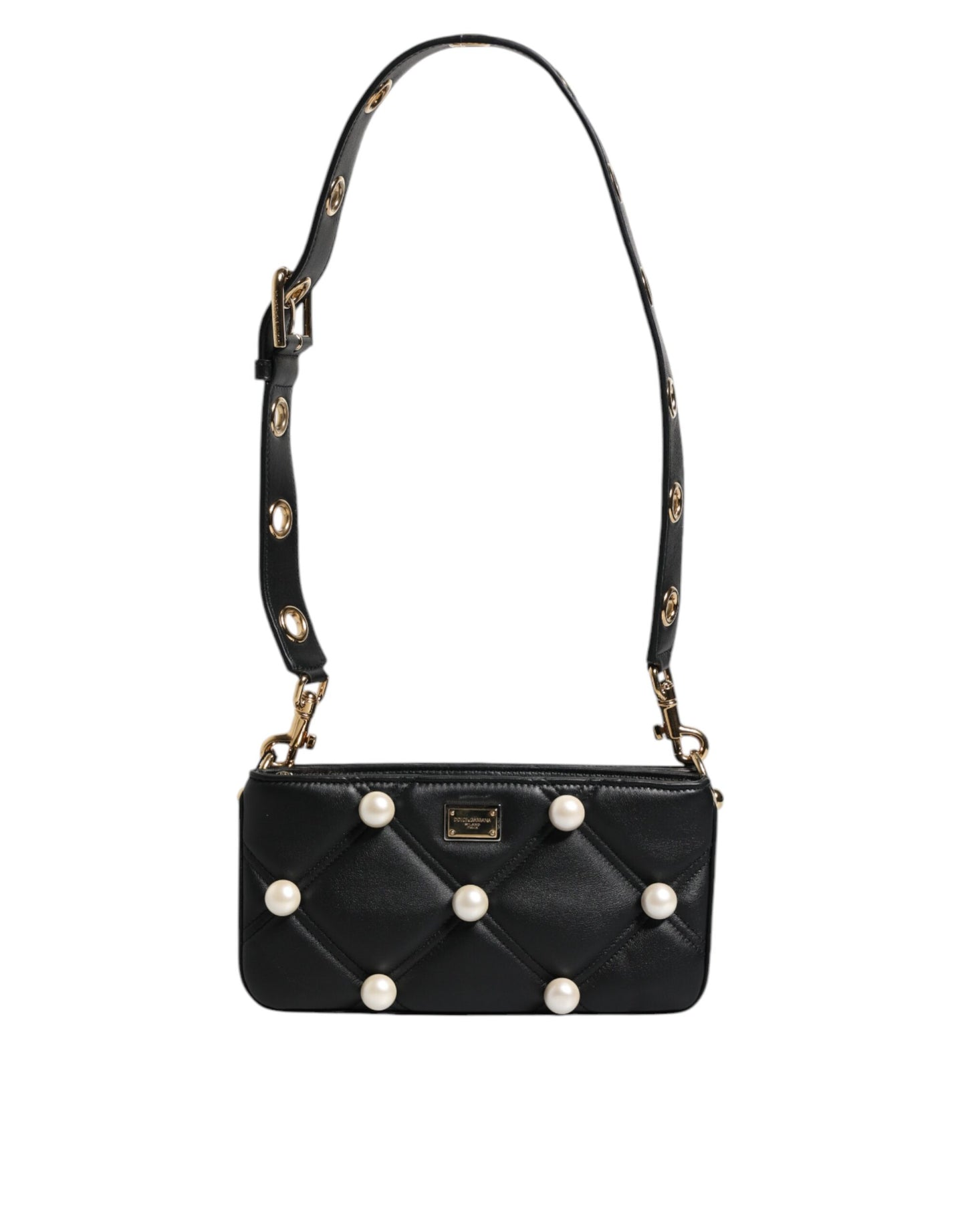 Black Leather Pearl Embellished Logo Shoulder Bag-Dolce & Gabbana-LabelTerrace.com