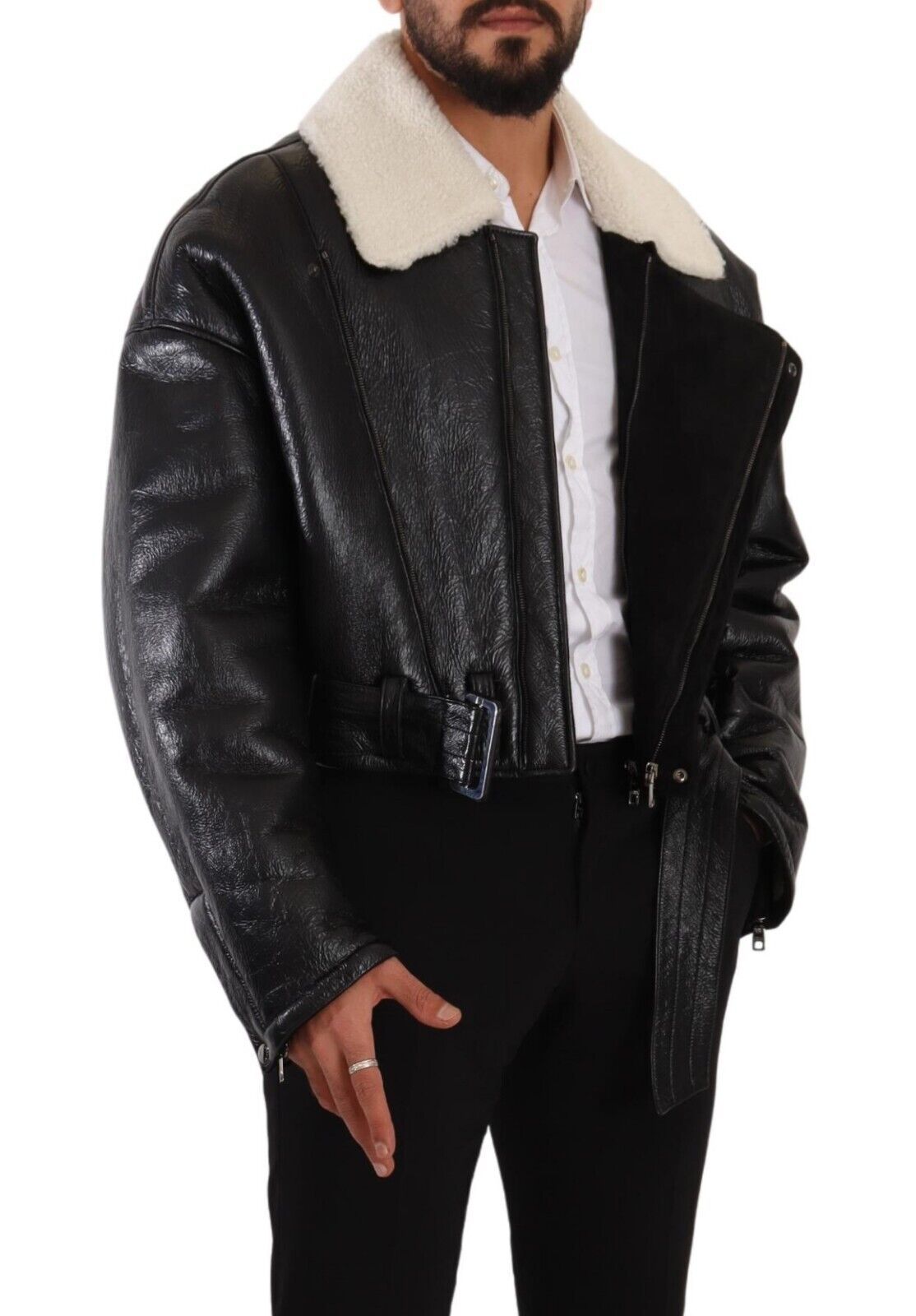 Black Leather Shearling Biker Coat Jacket-Dolce & Gabbana-LabelTerrace.com