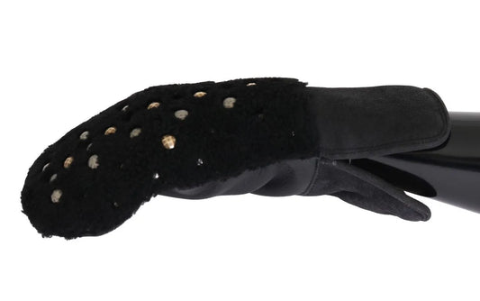 Black Leather Shearling Studded Gloves-Dolce & Gabbana-LabelTerrace.com