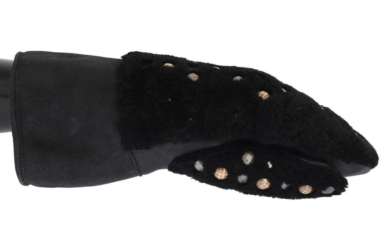 Black Leather Shearling Studded Gloves-Dolce & Gabbana-LabelTerrace.com