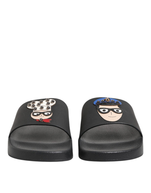 Black Leather Slides Flats Beachwear Shoes-Dolce & Gabbana-LabelTerrace.com