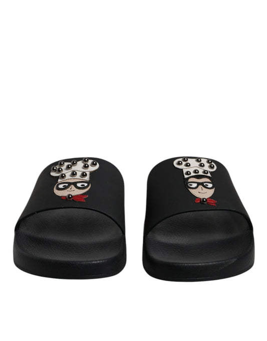 Black Leather Slides Sandals Beachwear Shoes-Dolce & Gabbana-LabelTerrace.com