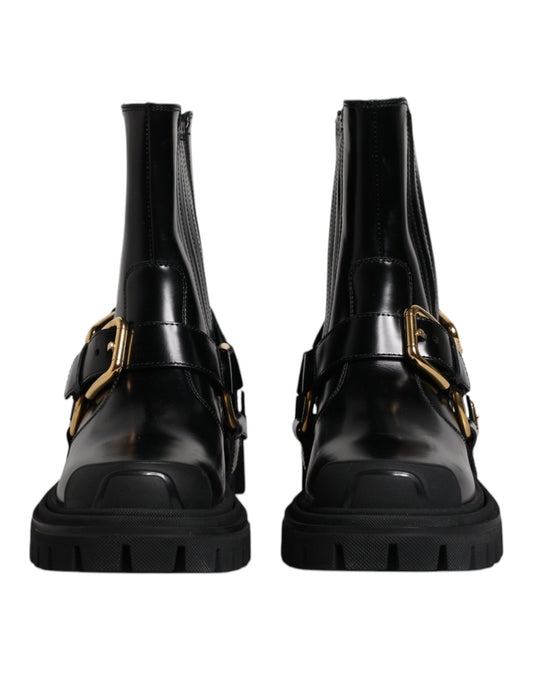 Black Leather Slip On Stretch Trekking Boots Shoes-Dolce & Gabbana-LabelTerrace.com